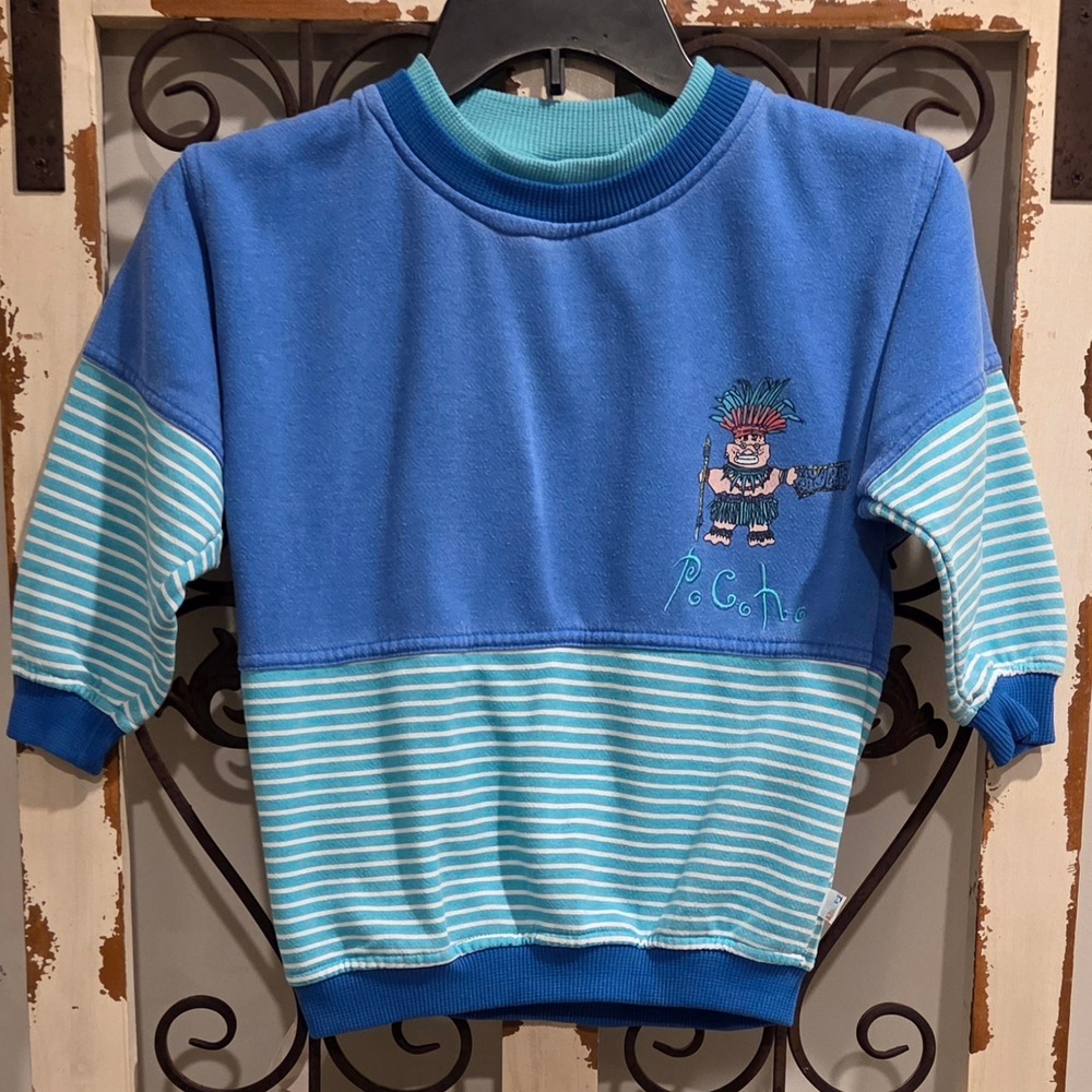 Vintage PCH Kids Blue Striped Colorblock Graphic Sweatshirt Size 6 Retro Surf